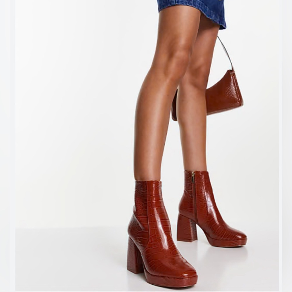 ASOS DESIGN Wide Fit Era high-heeled platforms boots in tan croc